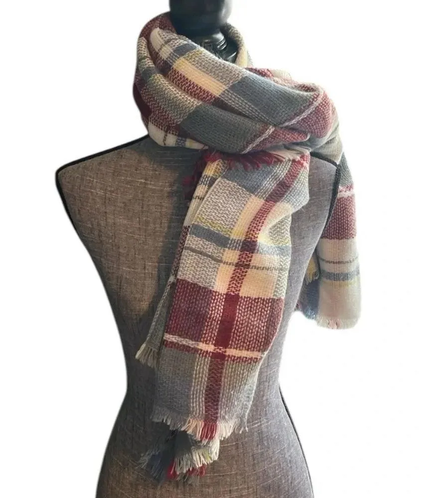 Blanket Scarf Lightweight Plaid Tartan Raw Edges Soft Red - Image 2