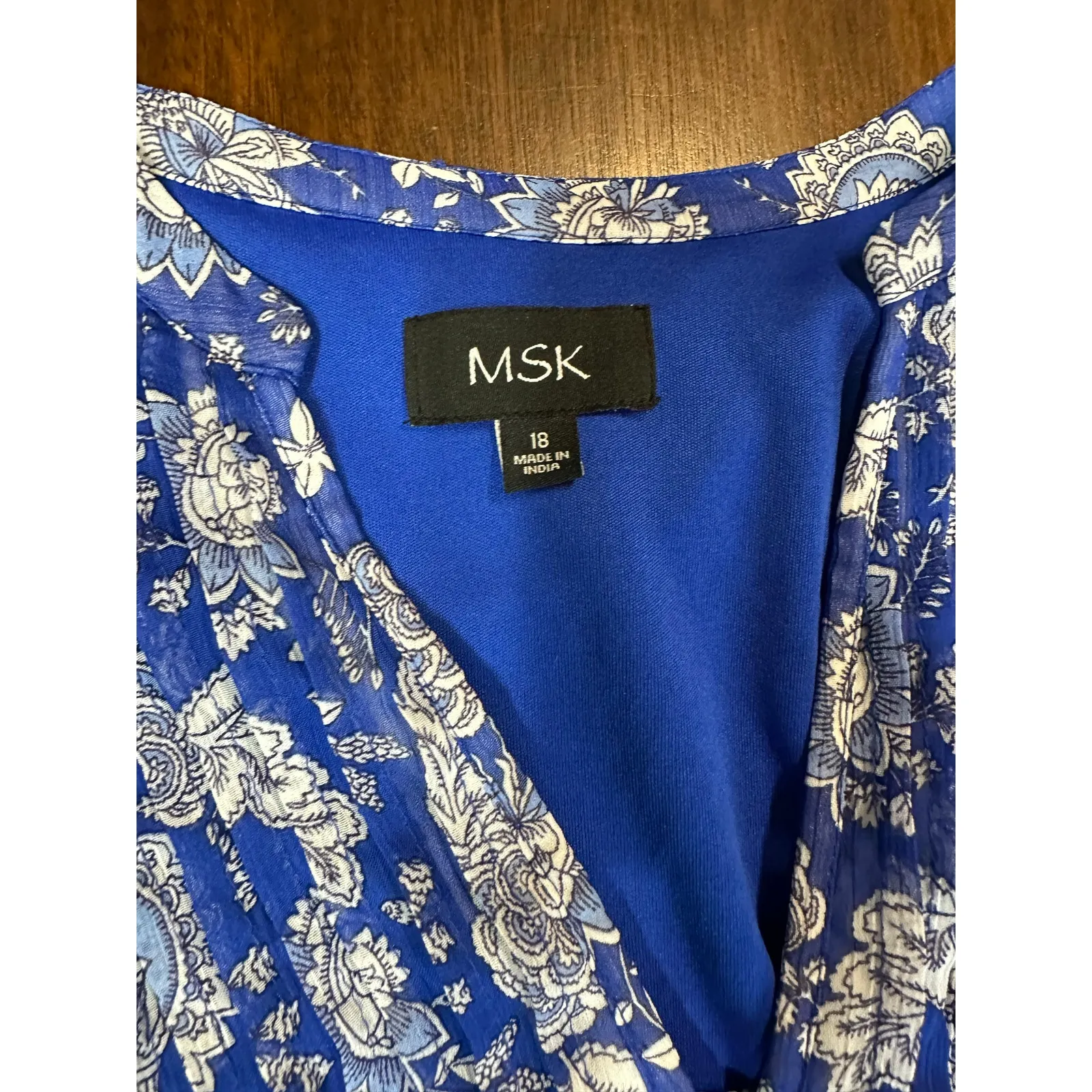 Cottage Core MSK Dress Women's 18 Floral Ruffled Faux Wrap Tie Waist Sheer Lined Blue - Image 2