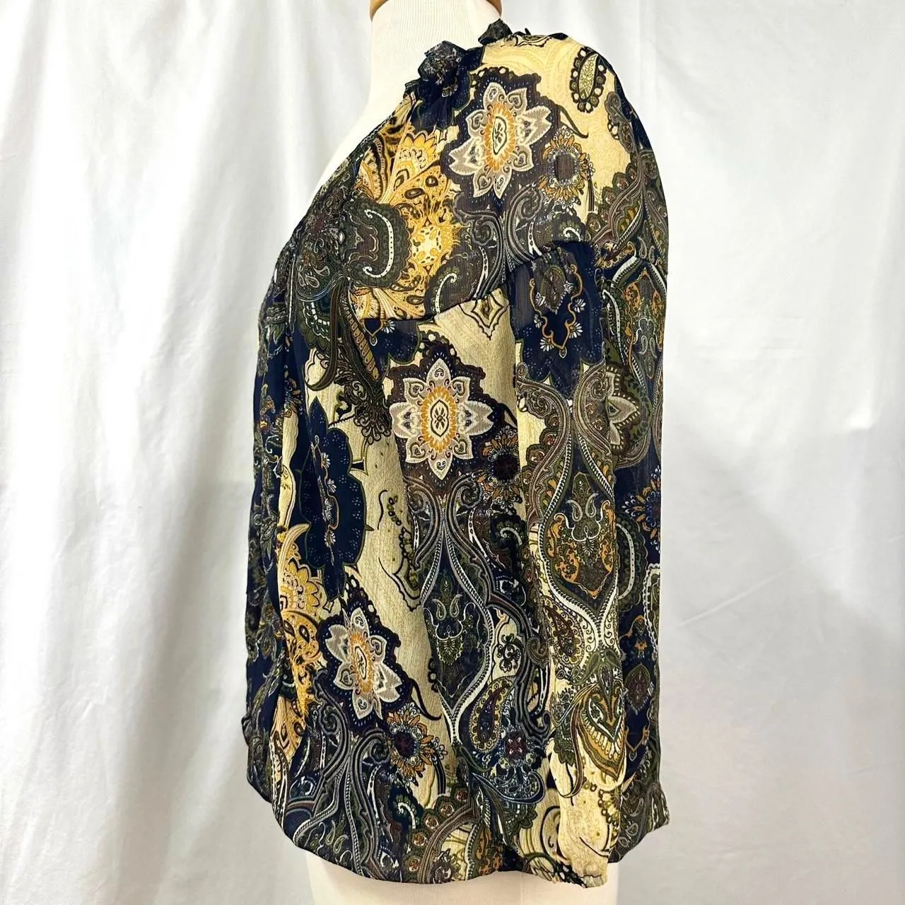 FIG AND FLOWER Navy Yellow Paisley Button Peasant Blouse V Neck Women M Bohemian Blue Size M - Image 3