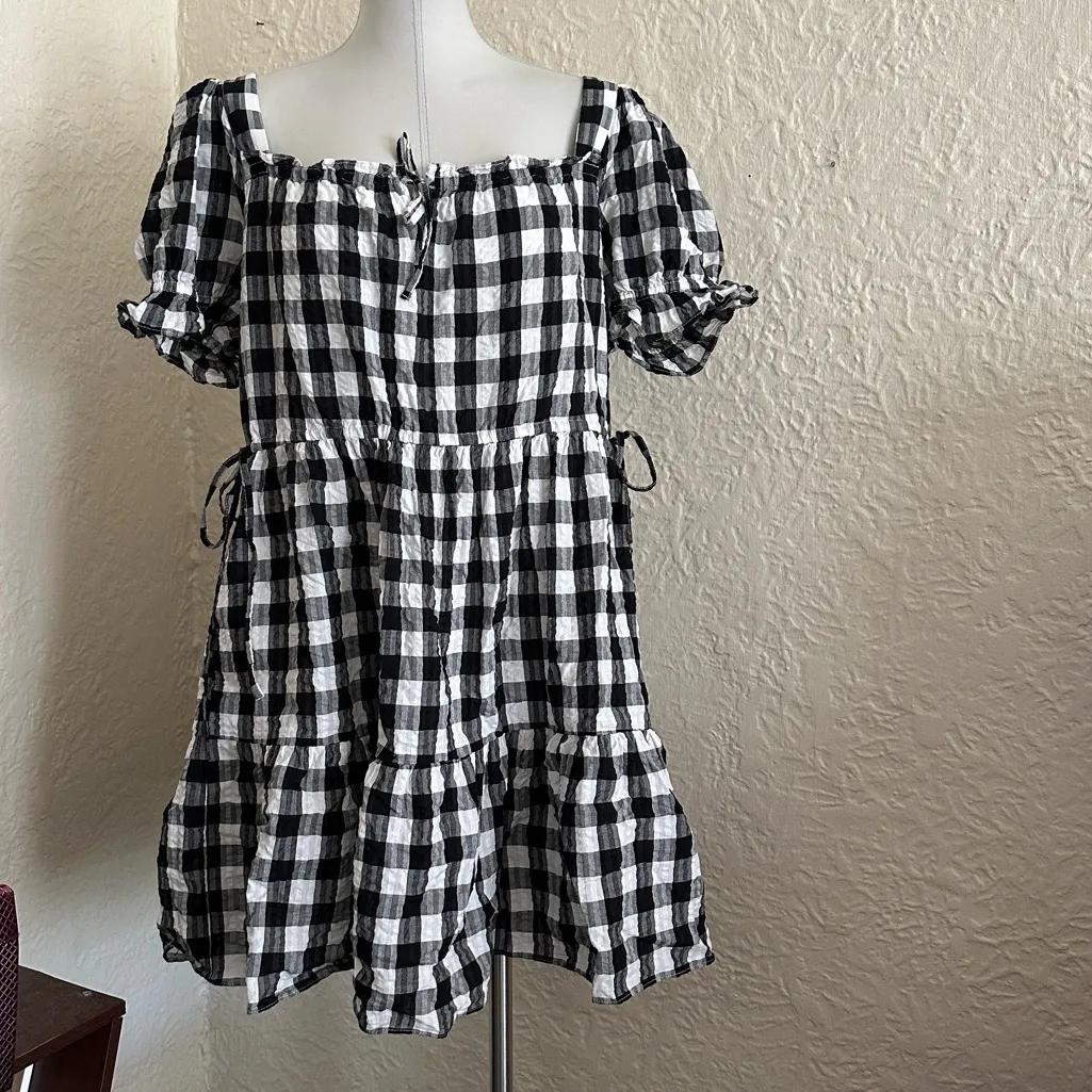 Madewell Black White Buffalo Plaid Square Neck Tiered Gingham Mini Dress Large - Image 5