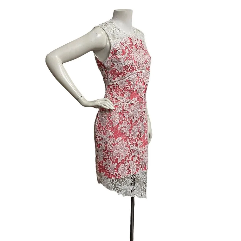 Bebe Peach White Asymmetrical Lace Hem Sleeveless Dress Cocktail Party size 4 - Image 2