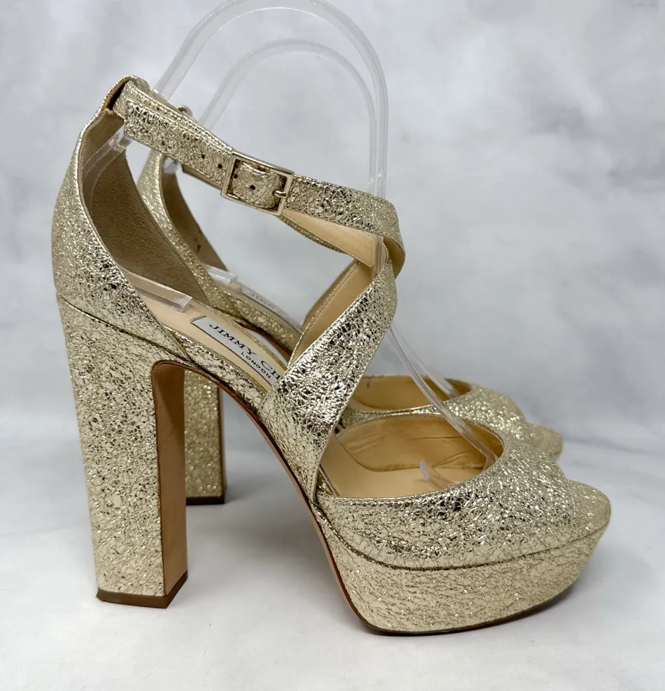 Jimmy Choo April 120 Metallic Foil Leather Platform Sandal Block Heels Gold 39 - Image 1