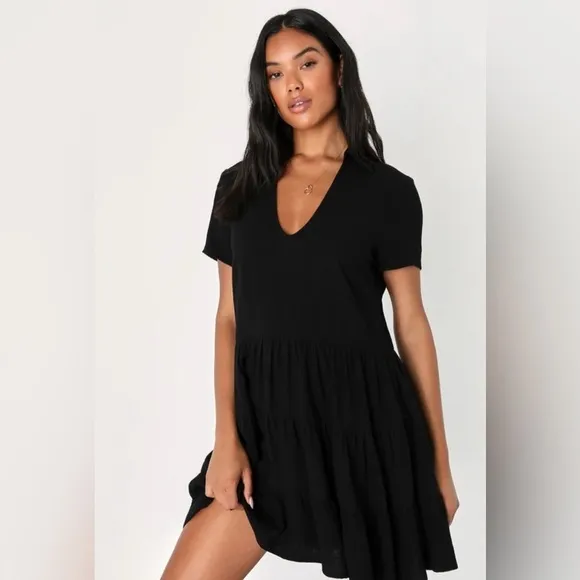 LULUS Darling Decision Black Linen Collared Tiered Mini Dress SIZE XL - Image 2