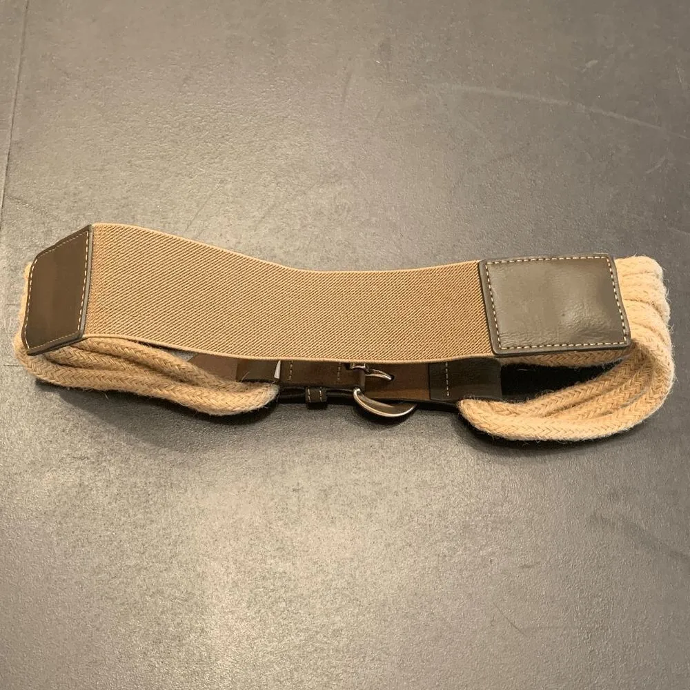 Women's Brown Leather Retro Woven Cord Stretch Unique Corded Buckle Front Belt Size 28 - Image 3