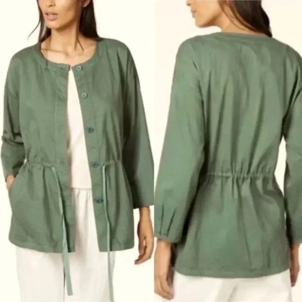 Eileen Fisher Olive Army Green Organic Cotton Drawstring Outwear Jacket Size XS - Image 2