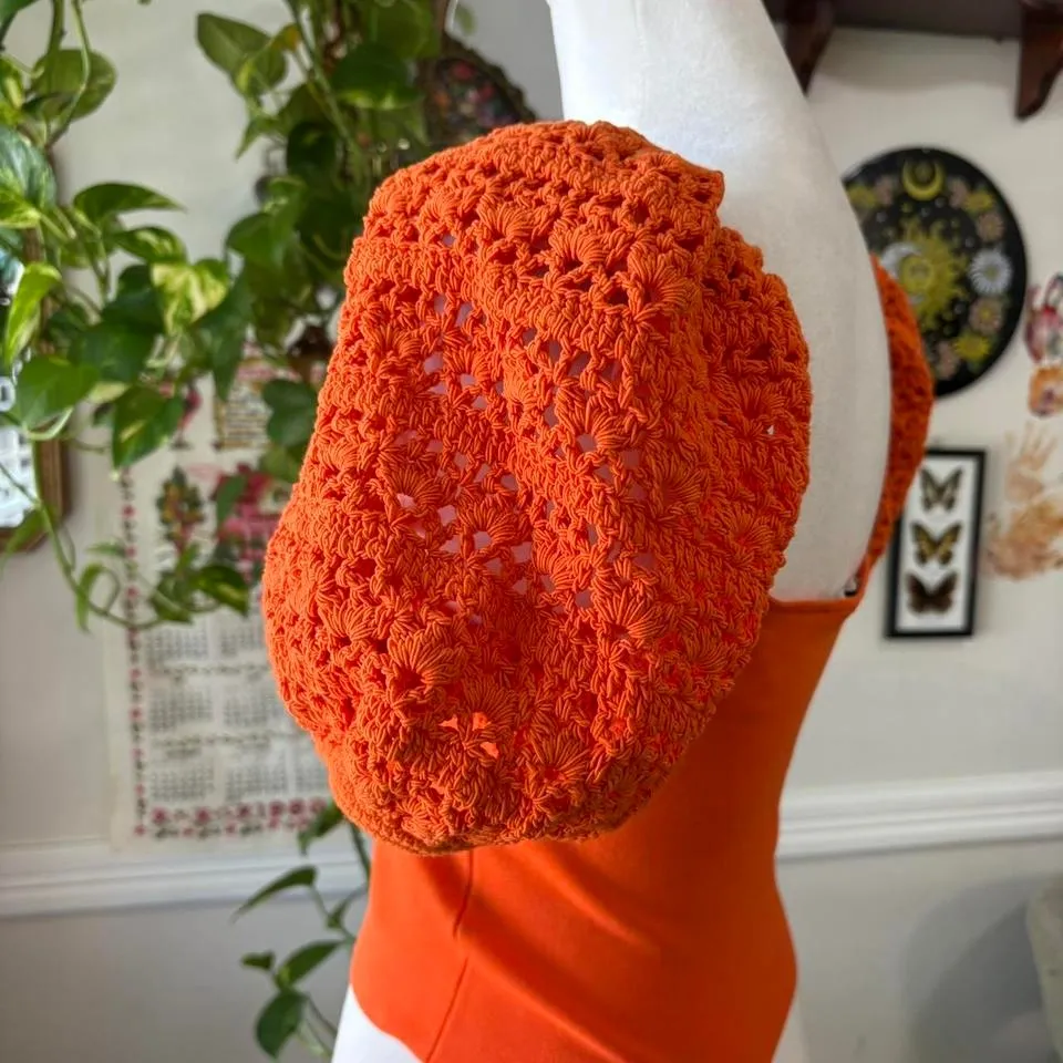 Alice + Olivia Women's Size Small Caley Crochet Puff Sleeve‎ Orange Cropped Top - Image 3