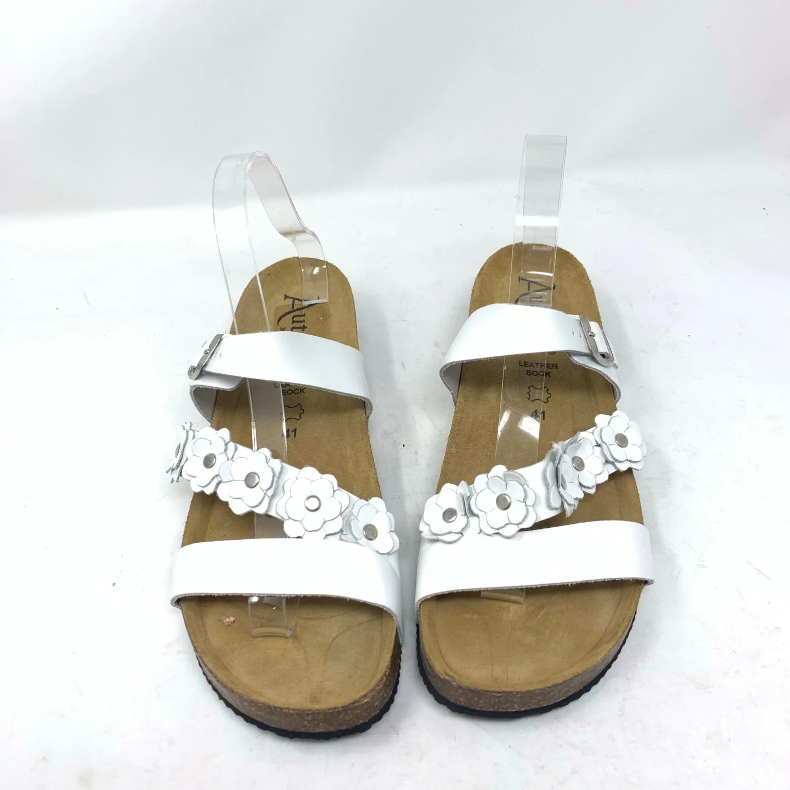 Autenti 41 White Leather Floral Accent Cork Footbed Sandal 12074 Size 9.5 - Image 7