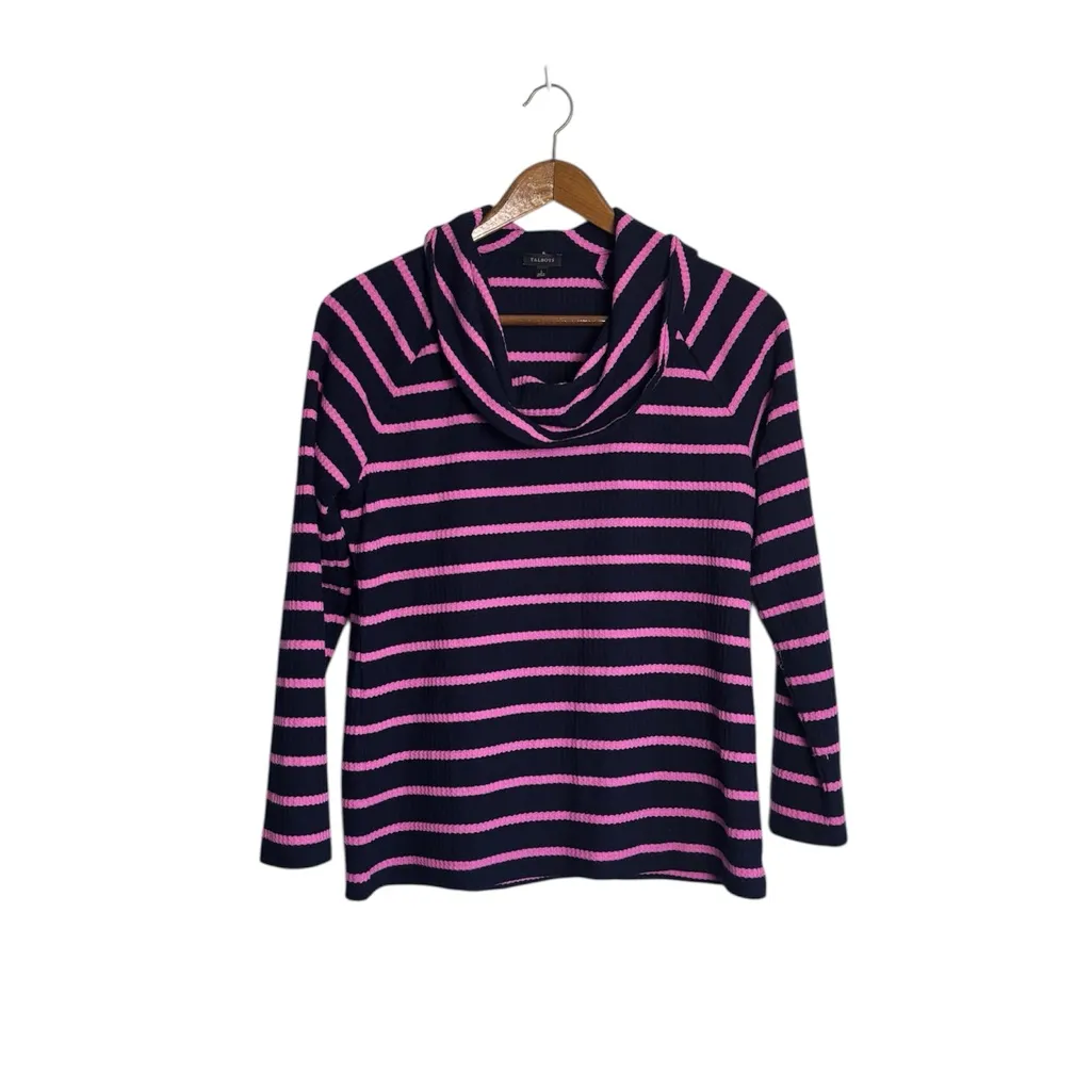 Talbots Navy Blue & Pink Striped Waffle Knit Cowl Neck Long Sleeve Top - Image 4