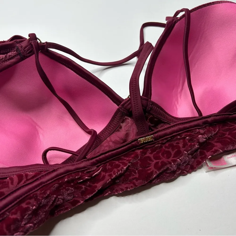 Victoria's Secret Red floral Velvet Bra Large with Plunging Neckline - Image 6