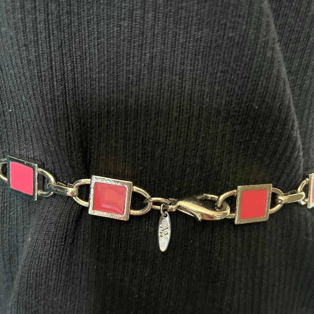 NY Pink Enamel Square Silver Chain Link Womens Belt Sz S 31" Adj Bright Shiny - Image 7