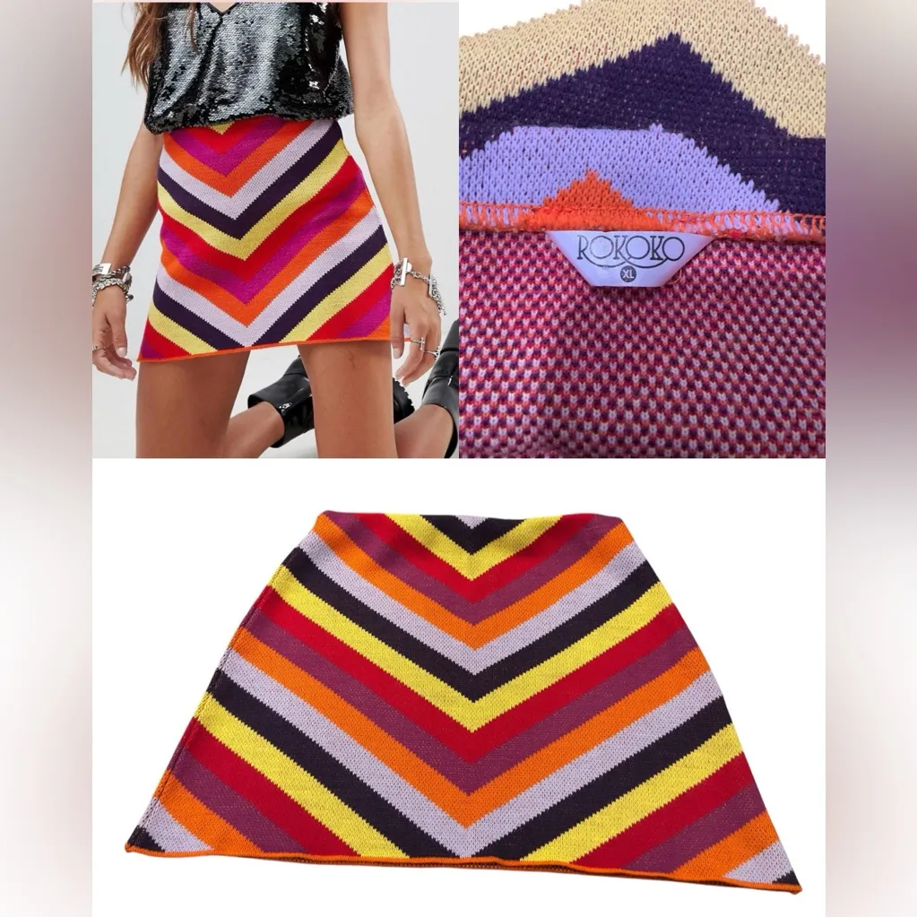 Rokoko Retro Knit Chevron Mini Skirt‎ – Bold & Colorful, Size XL - Image 2