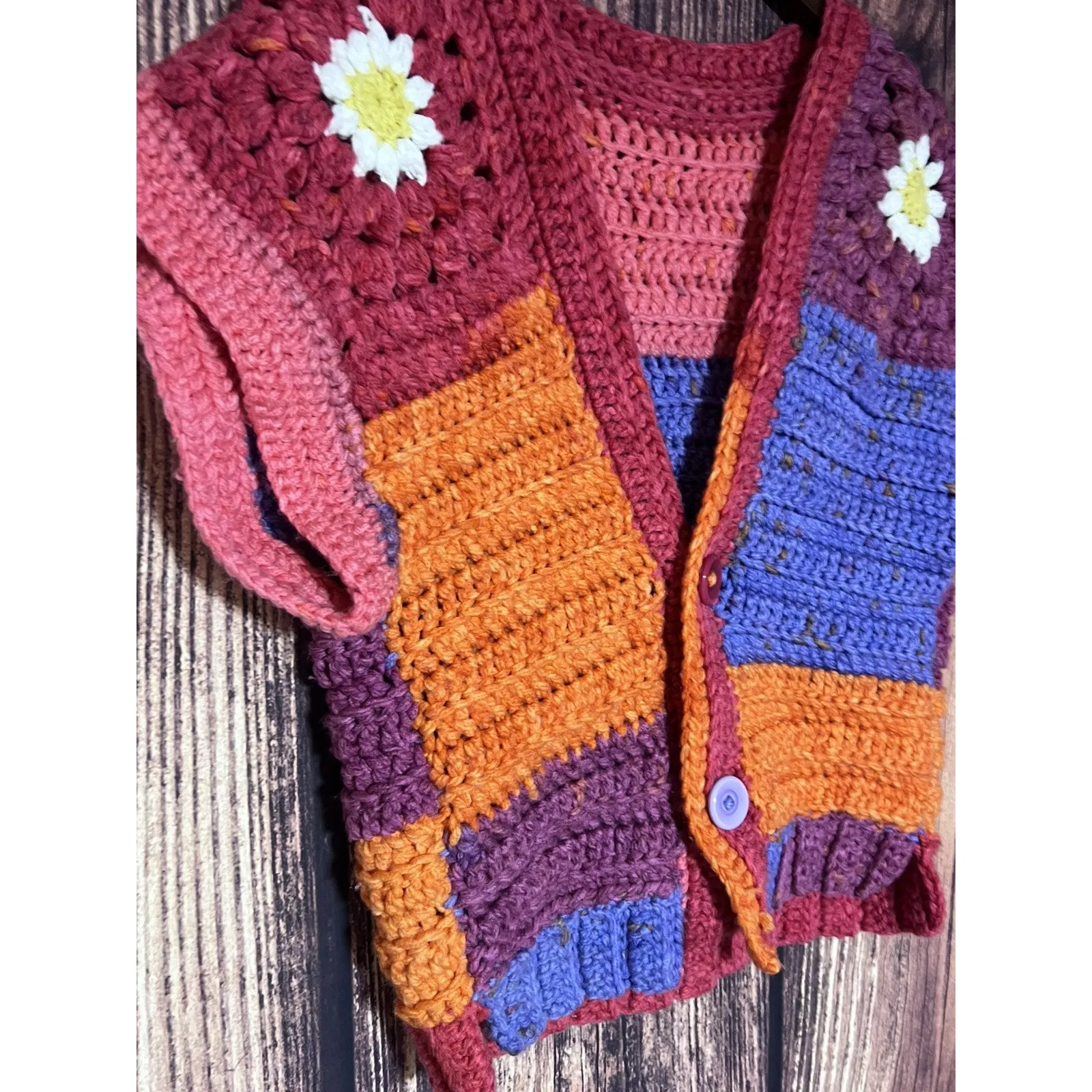 Granny square Crochet Artsy Cropped Retro HIPPIE Jacket Cardigan S M  Phoebe - Image 8