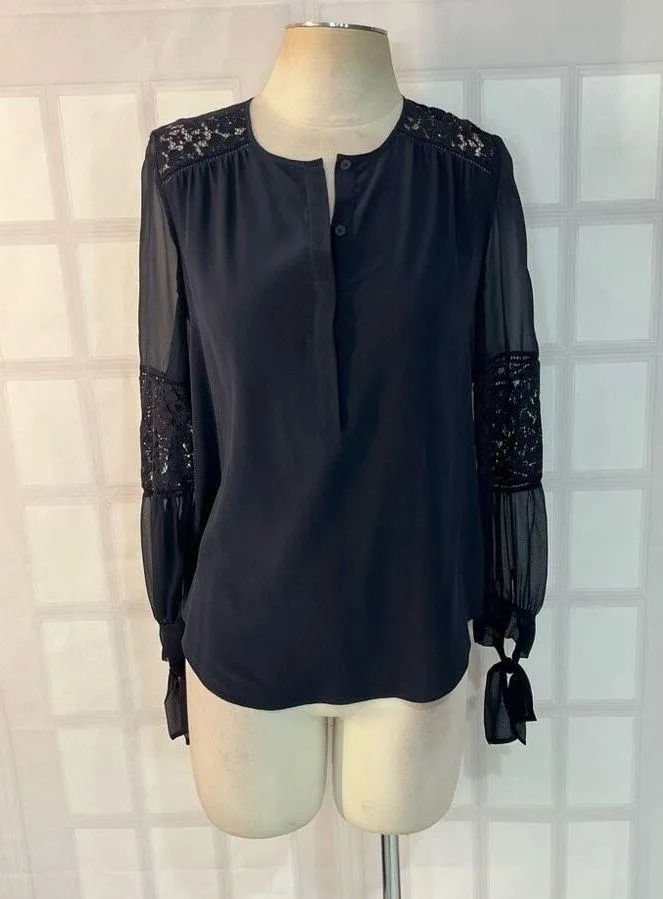 Rebecca Taylor Navy Sarah Tie-Cuff Lace-Trim Silk Crew Neck Long Sleeve Top Sz 0 - Image 3