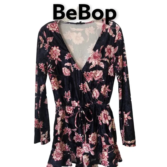 BeBop Velvet Floral Long Sleeve Velvet Romper Navy Pink M - Image 2