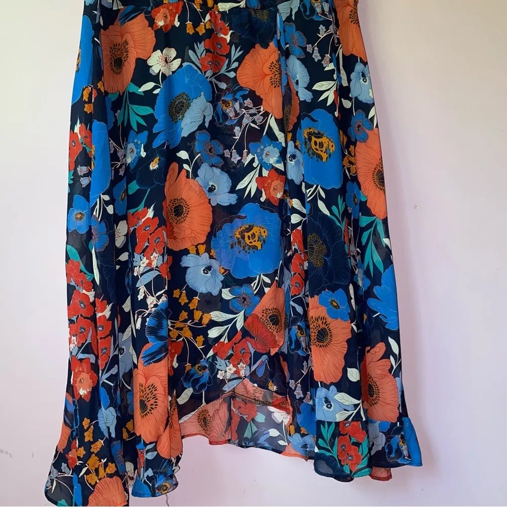 NEW Lane Bryant Size 28 Blue Floral Midi Dress Faux Ruffle Navy Orange Boho - Image 4