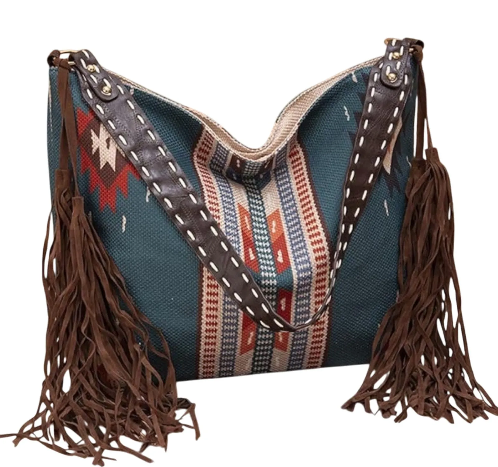 Southwestern Design Fringe Tassel Hobo Shoulder Bag Teal Blue Orange Tan Brown - Image 1