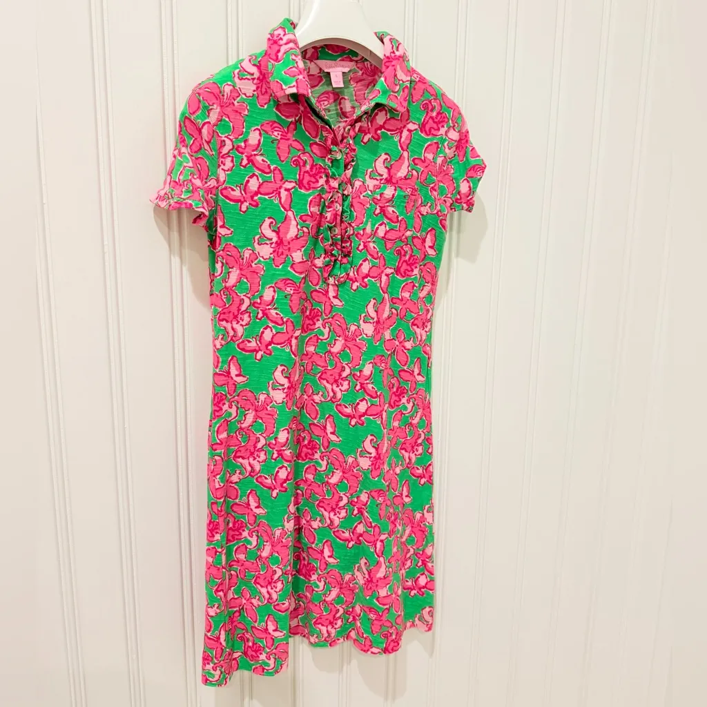 LILLY PULITZER Pink & Green Floral Print Short Sleeve Polo Tshirt Dress Size S - Image 3