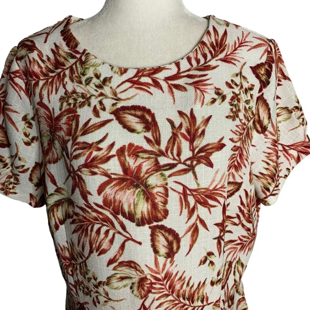 Shelby Palmer Midi Sheath Dress 16 White Floral Leaves Short Sleeves Buttons Zip - Image 2