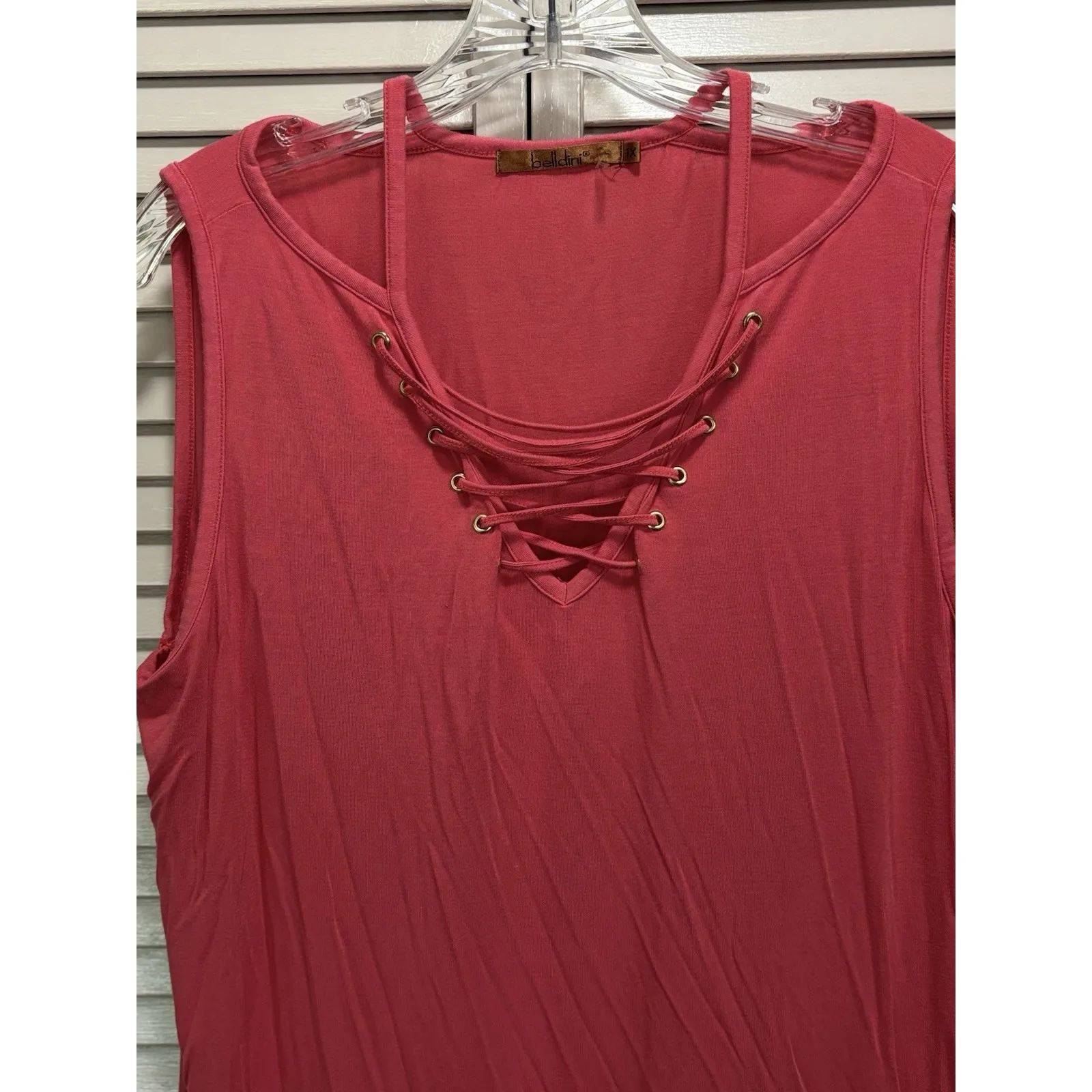 Belladini Salmon Pink Straps Lace up V‎ Neck Blouse Size 1X Flowy Soft Chiffon - Image 2