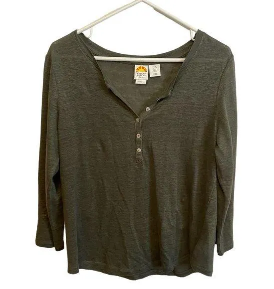 C&C California Womens Top Dark Green 100% Linen Long Sleeve Size Medium V-Neck - Image 1