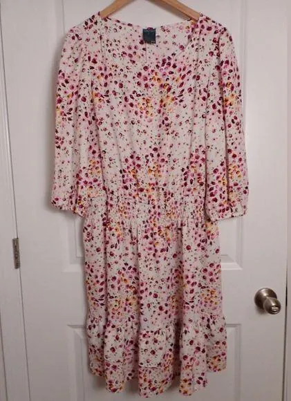 Gabby & Skye White/Multicolored Floral 3/4 Balloon Sleeve Elastic Waist Dress 16 - Image 1