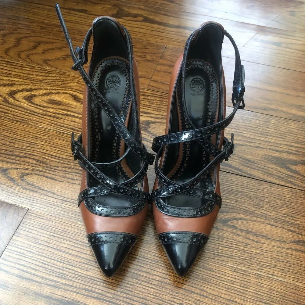 TORY BURCH Judith Brown and Black Leather Strappy Stiletto Heels Sz 9m - Image 7