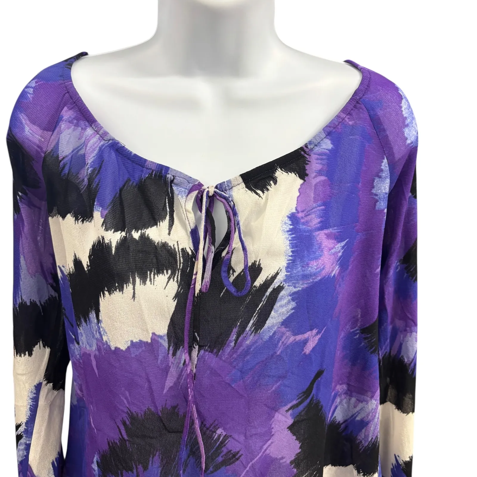 Karen Kane Women's Purple Floral Print Long Sleeve Tie‎ Neck Blouse Size M - Image 3