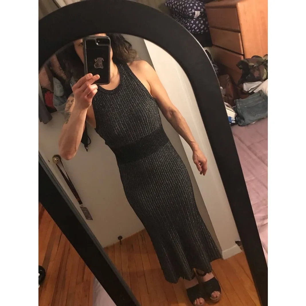 JASON WU Black Gunmetal Knit Merino Wool Blend Lurex Knit Midi Dress sz XS - Image 16