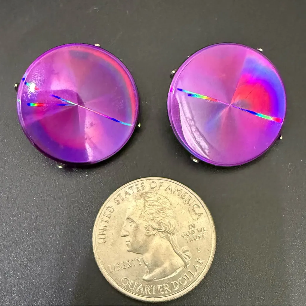 Vintage Jewelerama Holographic Flat Disk Diffraction Jewels Clip On Earrings 9g. Purple - Image 8
