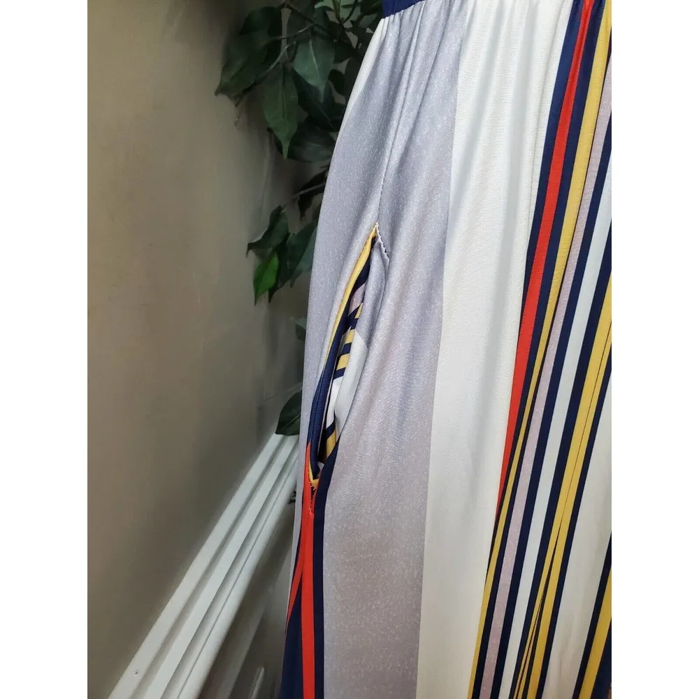 Women's Multicolor Striped Cotton Round Neck Short Sleeve Casual Maxi Dress S - Image 5