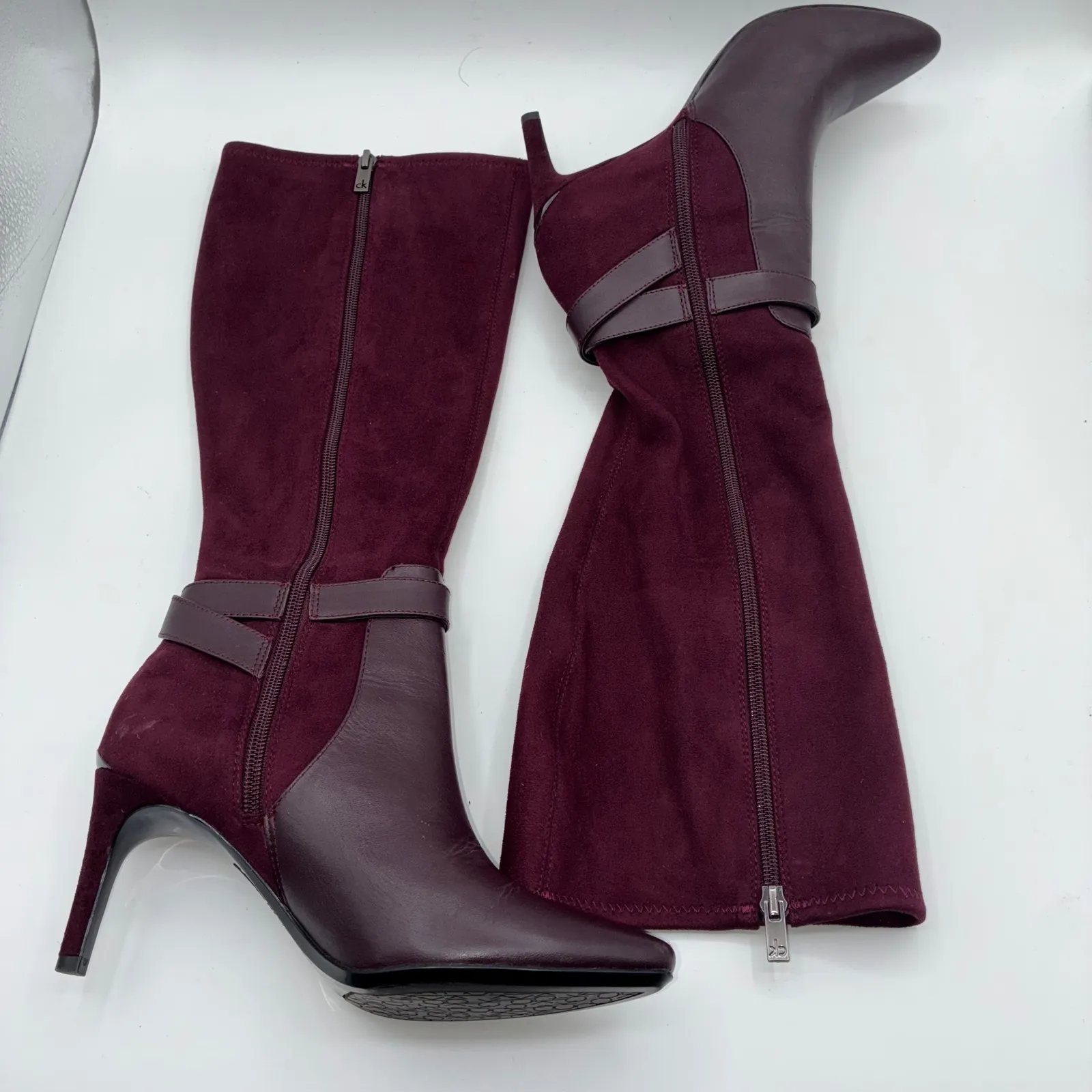 Calvin Klein Jemamine Wide Calf Tall Boots Burgundy Suede Leather Heel Size 6.5 - Image 7