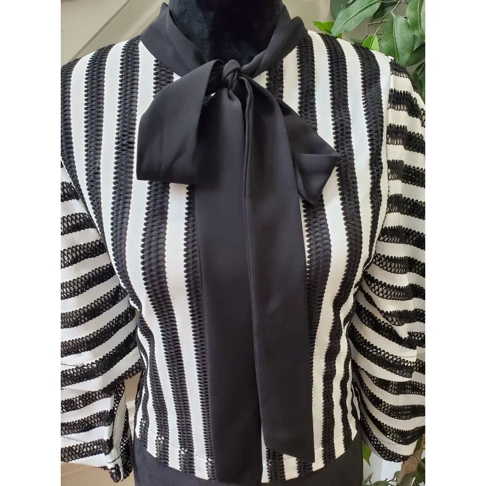 Gracia Women White & Black Polyester Round Neck Long Sleeve Casual Top Blouse S - Image 2