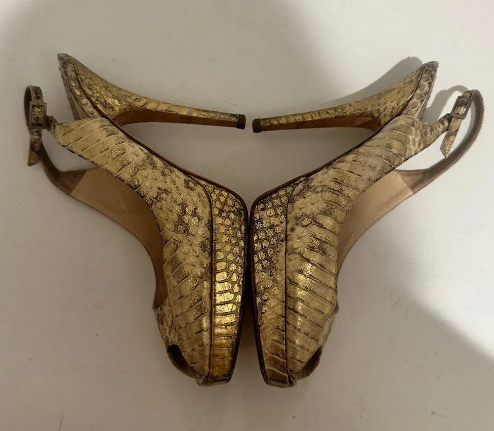 Jimmy Choo Nova Gold Snakeskin Leather Peep Toe Platform Slingback Pumps Size 36 - Image 4