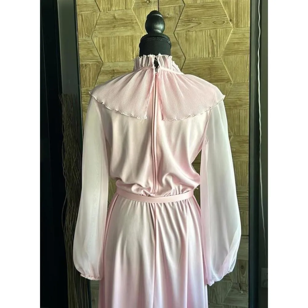 Vintage Womens 60's Dress S/M Baby Pink Long Sleeve Sheer High Ruffle Neckline - Image 4