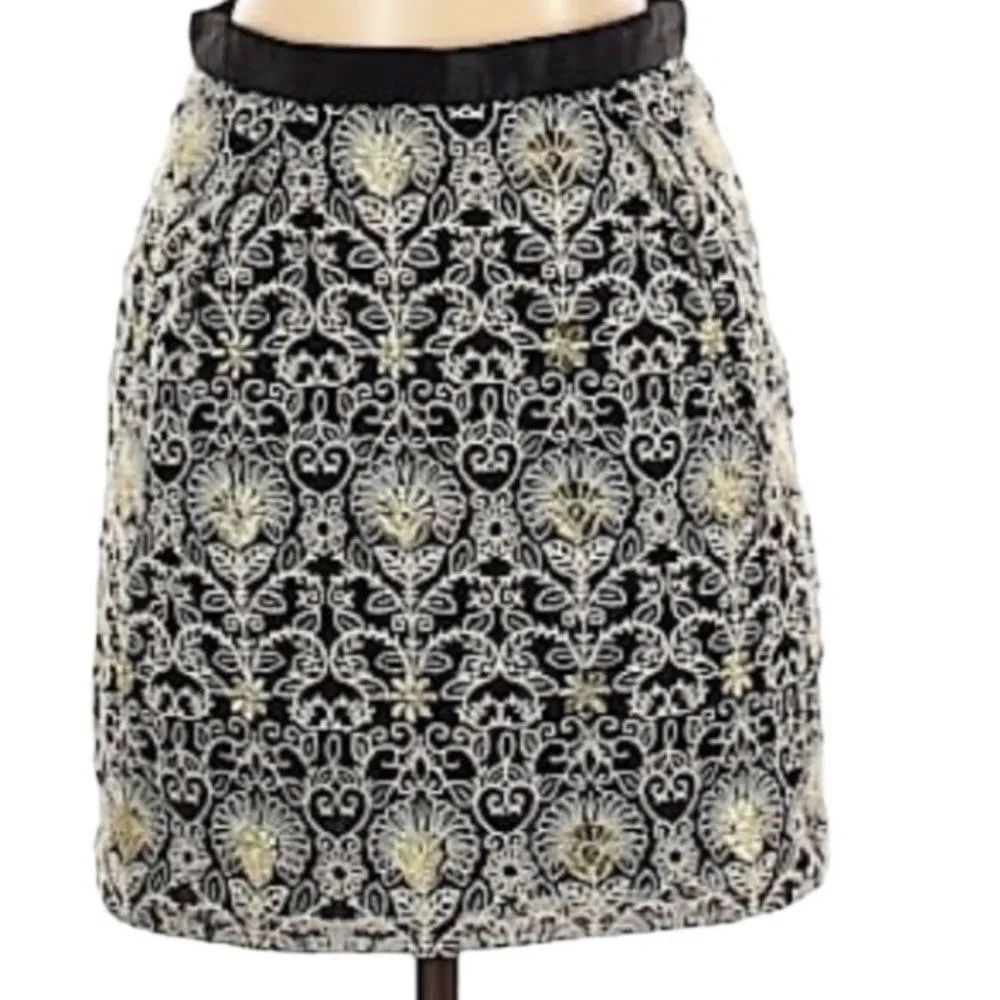 Kooples Black Pencil Skirt Cream & Gold Embroidery Size‎ S Designer Elegant Mini - Image 3