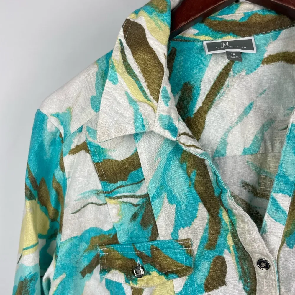 JM Collection Multicolor Watercolor 100% Linen Roll Tab 3/4 Sleeve Button Up Top - Image 4