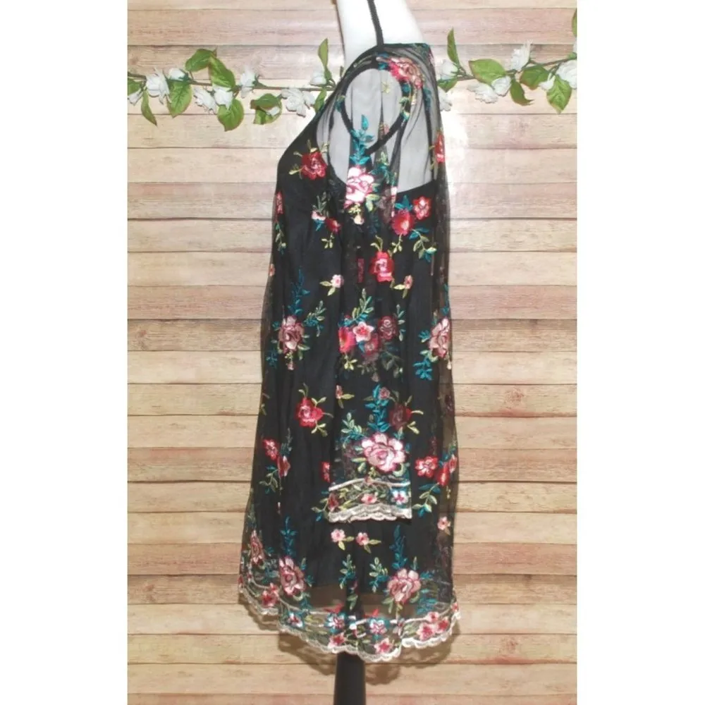 Xhilaration Ladies Black Floral Embroidered Mesh Shift Dress Size M Whimsy Goth - Image 7