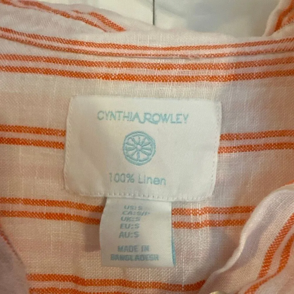 Cynthia Rowley 100% linen white and orange striped button down small - Image 4