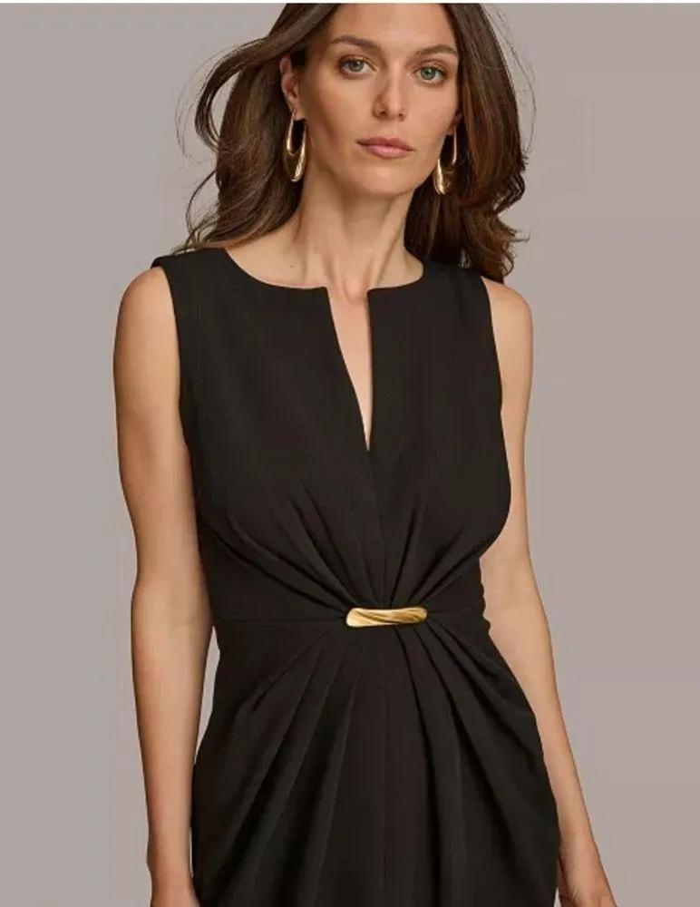 Donna Karan Women's Split-Neck Ruched Hardware-Trim Dress Black 8 - Image 7