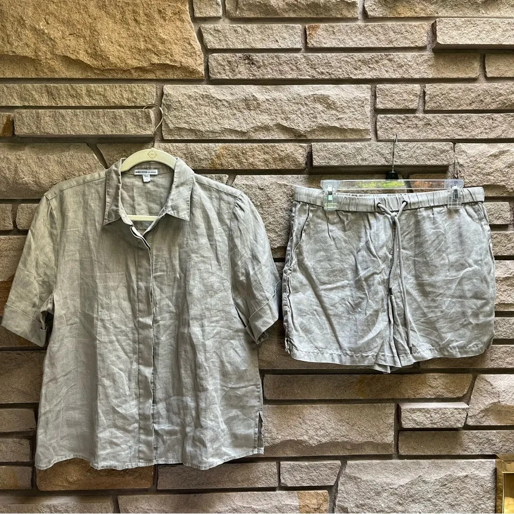 James Perse Canyon 100% Linen Button Up Shirt & Short Set Silt Pigment 2 Medium - Image 5