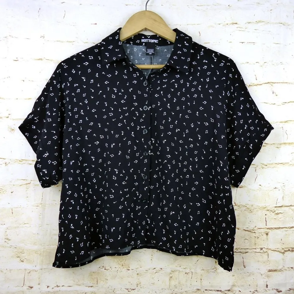 Hot Topic Music Notes Oversized Crop Button-Up Top Womens Black Goth Rock Grunge - Image 4