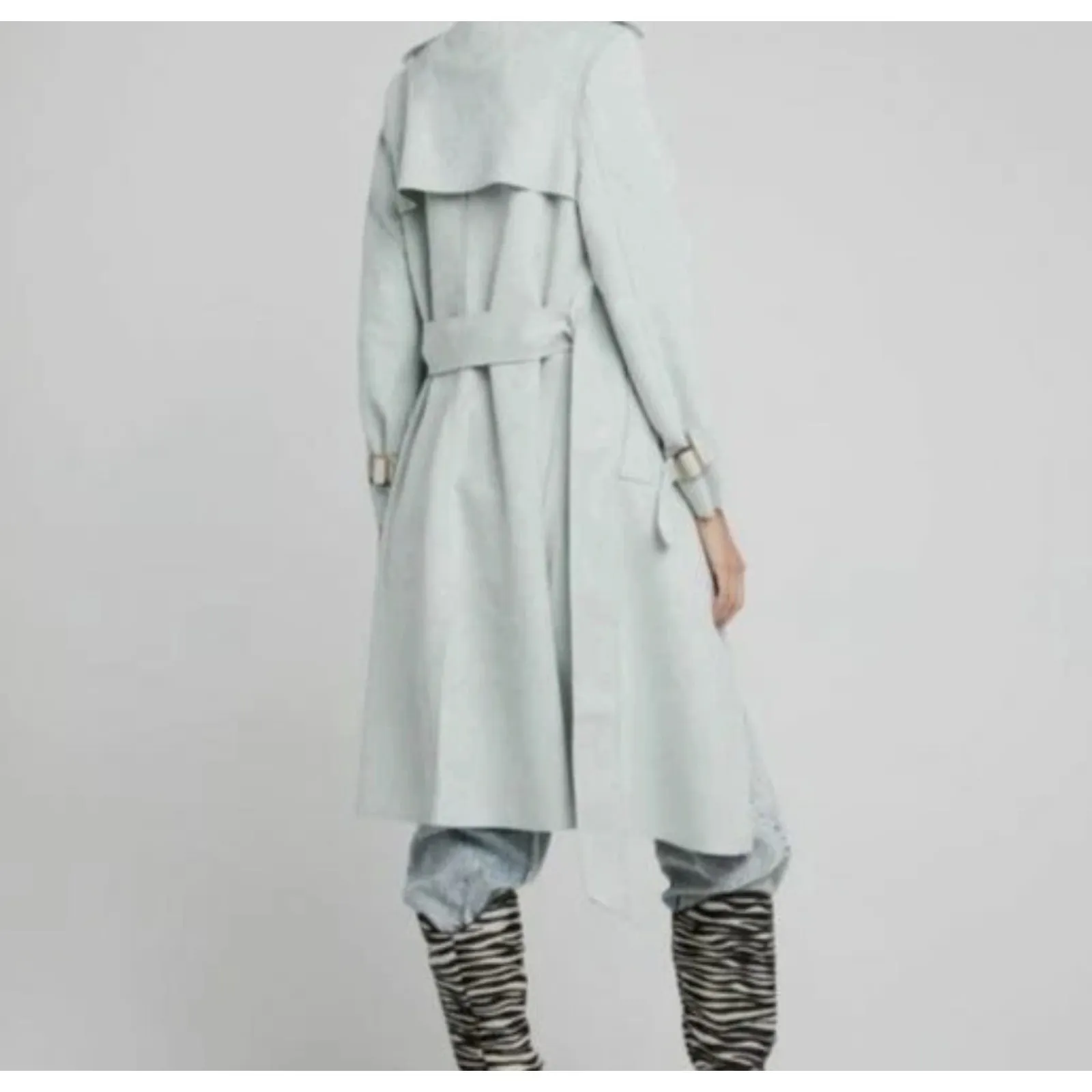 Caara Coat Womens XS Light Blue Belted Trench Faux Suede Drape Front Long - Image 2