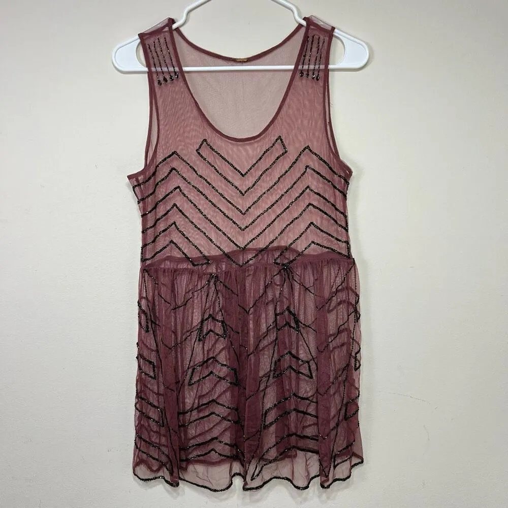 Free People Burgundy Overlap Sheer Beaded Dress Tunic Slip Dress Small Women - Image 2