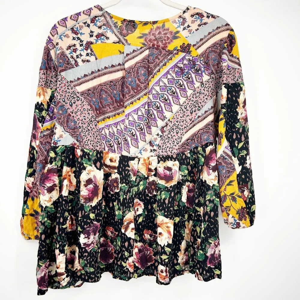 Oddy Womens Boho Peasant Artsy Mixed Floral Long Sleeve Peplum Top Blouse Size S - Image 8
