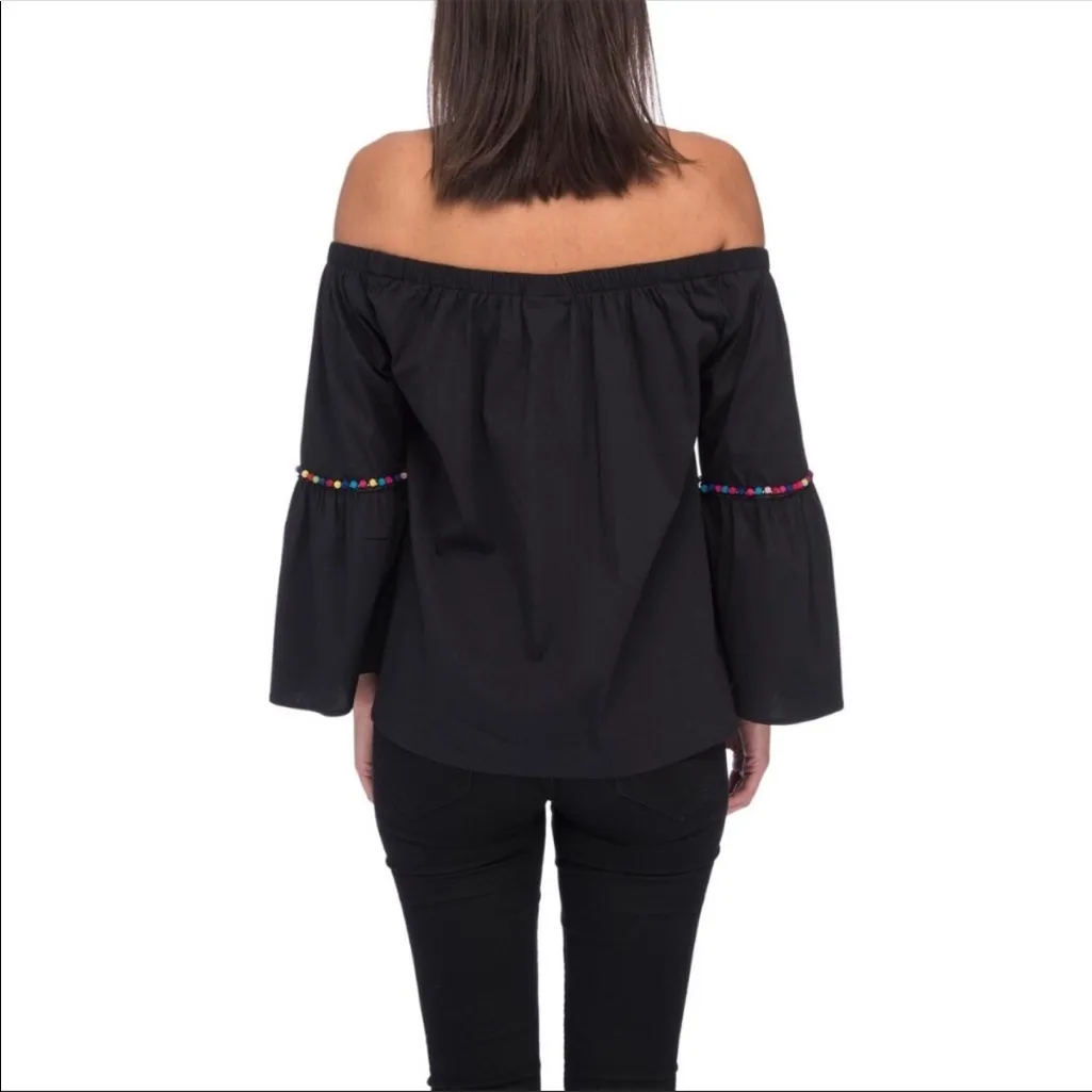 Bobeau black off the shoulder top with colorful pom poms - Image 2