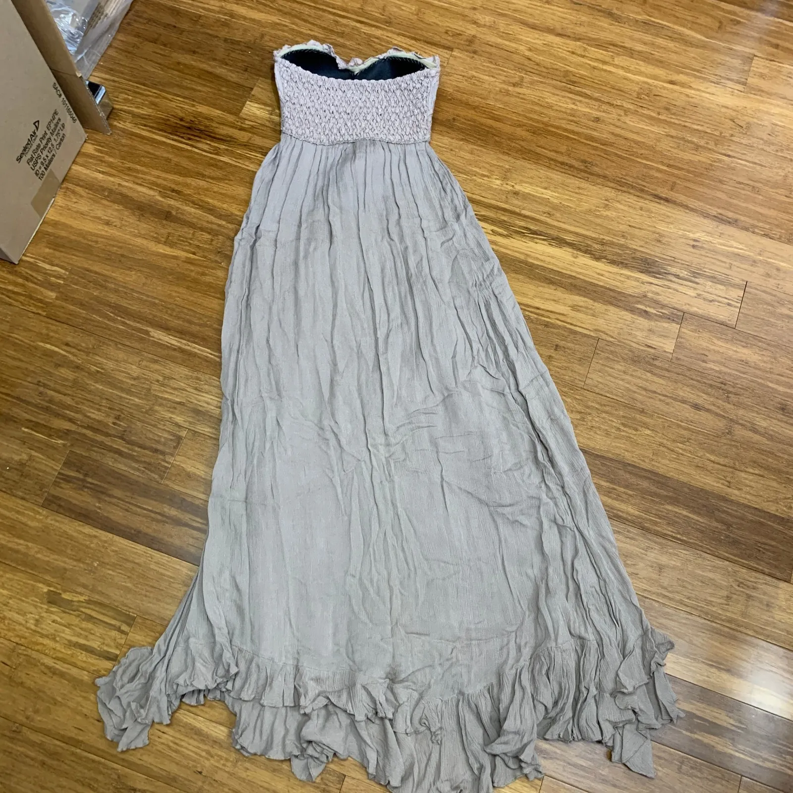 Free People Crochet Lace Strapless Maxi Dress Beige Size XS Boho Summer Ruffle - Image 4