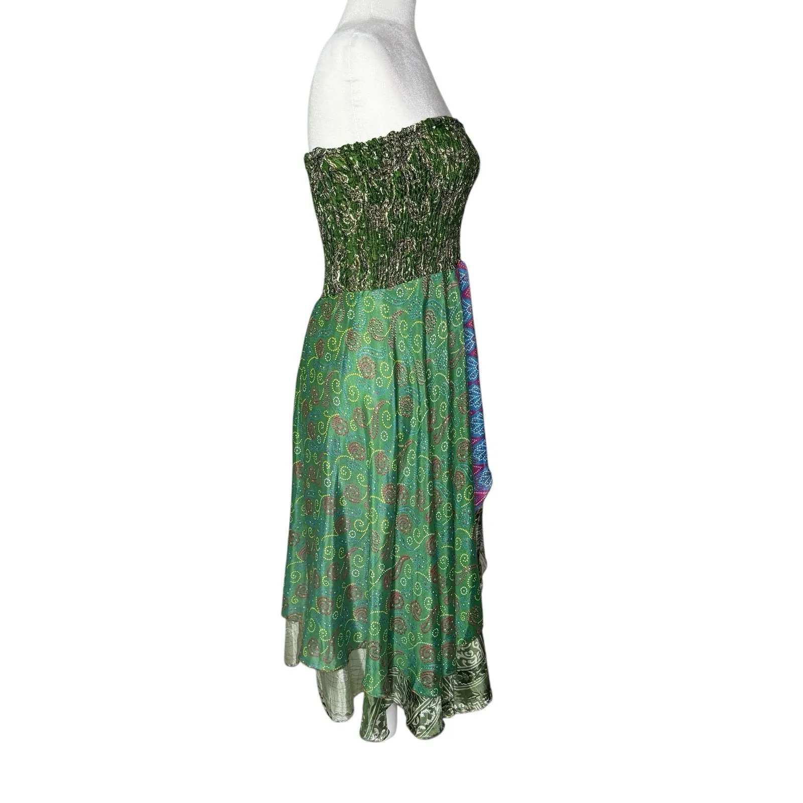 Vintage Silk Pixie Dress S/M Midi Smocked Layered Boho Cottage Gypsy‎ Fairy - Image 6