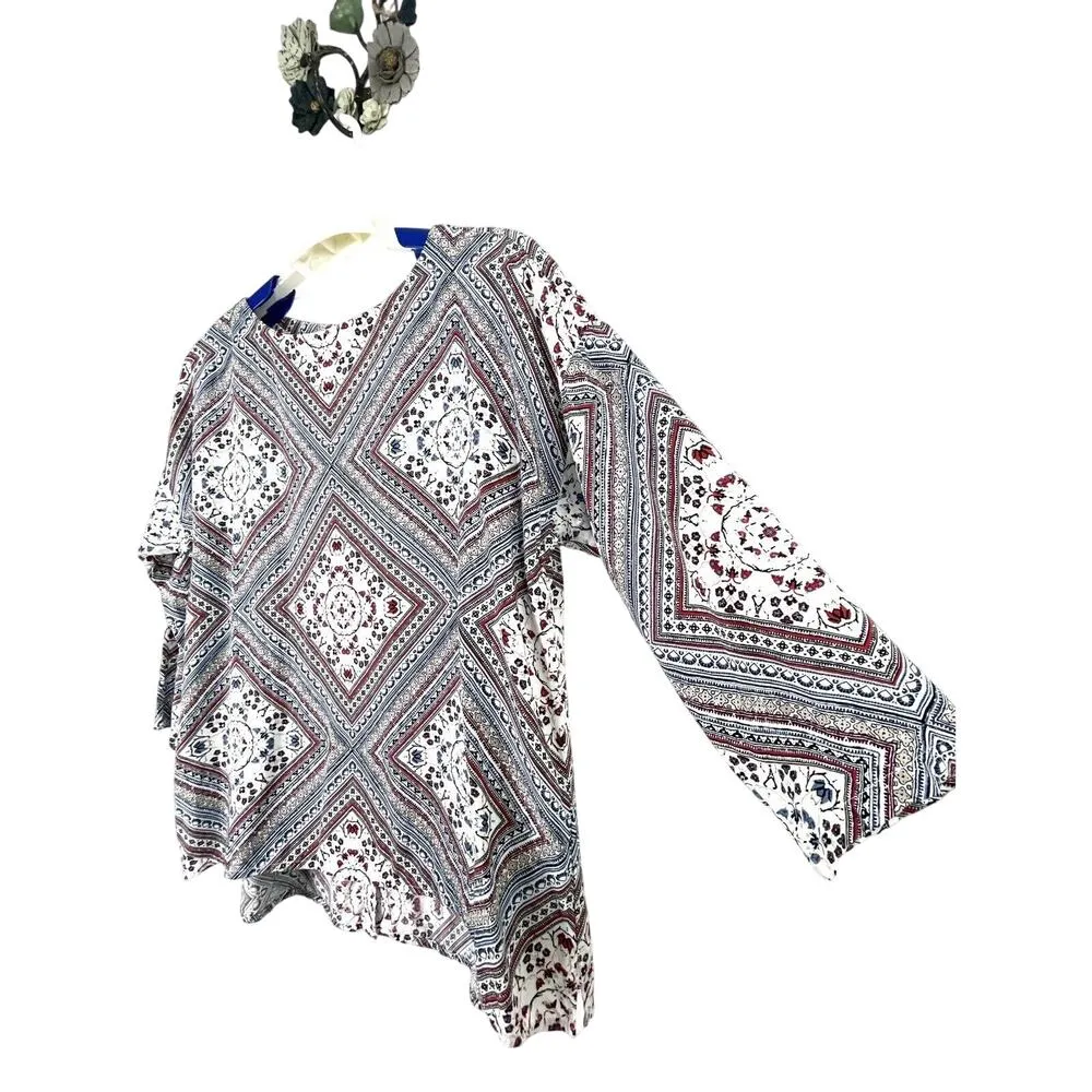 J Jill Womens Medium Rayon White Red Blue Long Sleeve Scarf Print Blouse Tunic - Image 3
