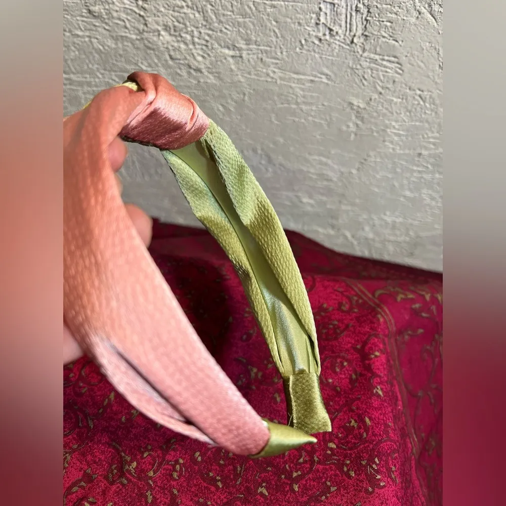 Headband NEW, salmon and pistachio green w middle knot, silk like fabric - Image 2