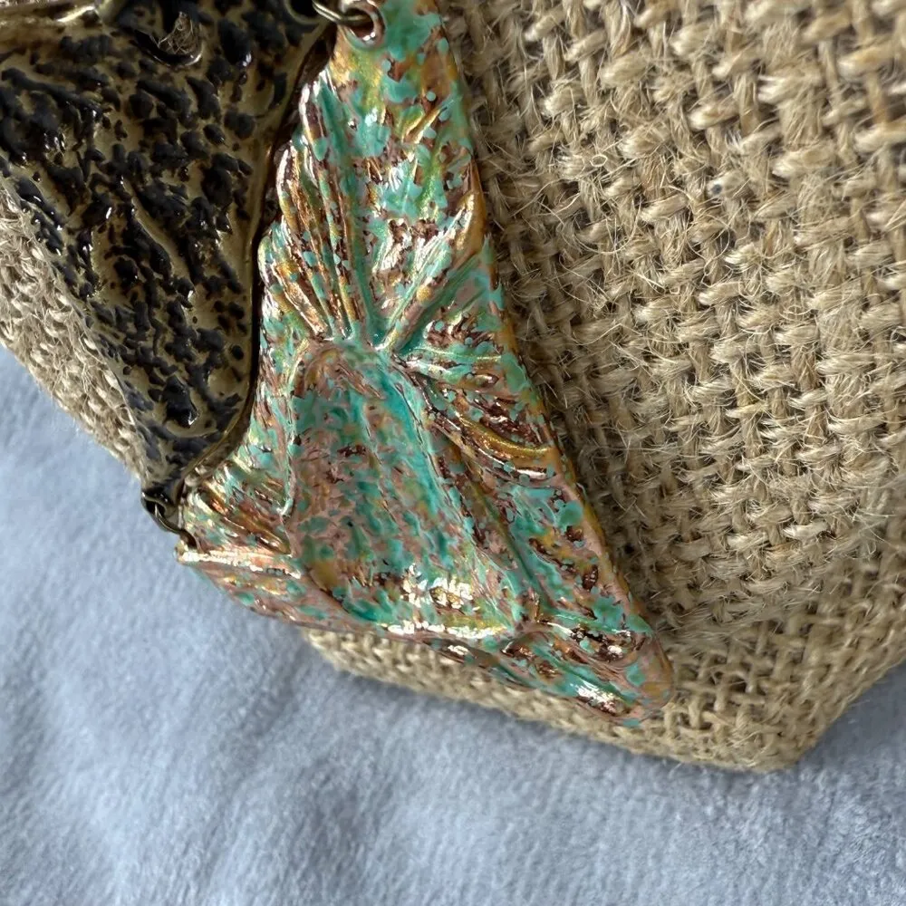 Green & Bronze Pendant Necklace Textured Metal Design on Chain 18 Inches Long - Image 16